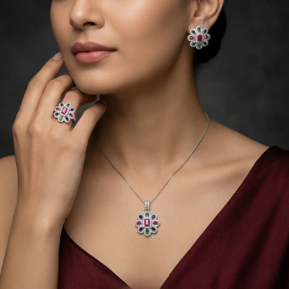 Exquisite Floral 92.5 Silver Multi-Gemstone Set