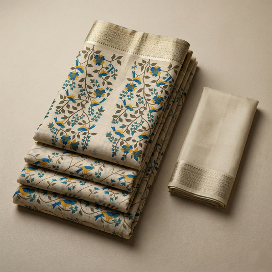Floral Bird Motif Silver Zari Saree