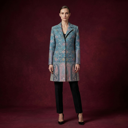 Teal Paisley Brocade Tailored Evening Long Coat