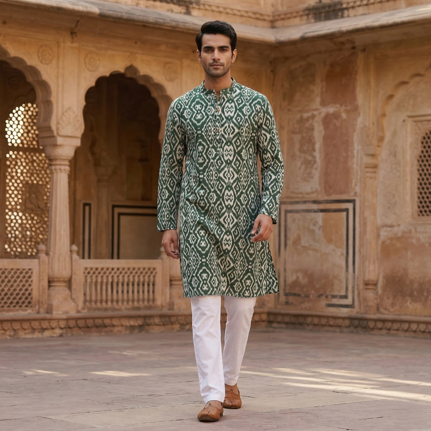Elegant Green Ikat Print Cotton Kurta