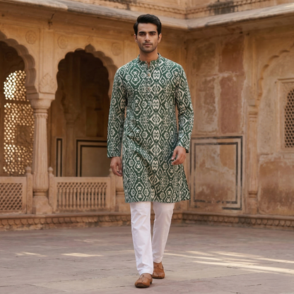 Elegant Green Ikat Print Cotton Kurta