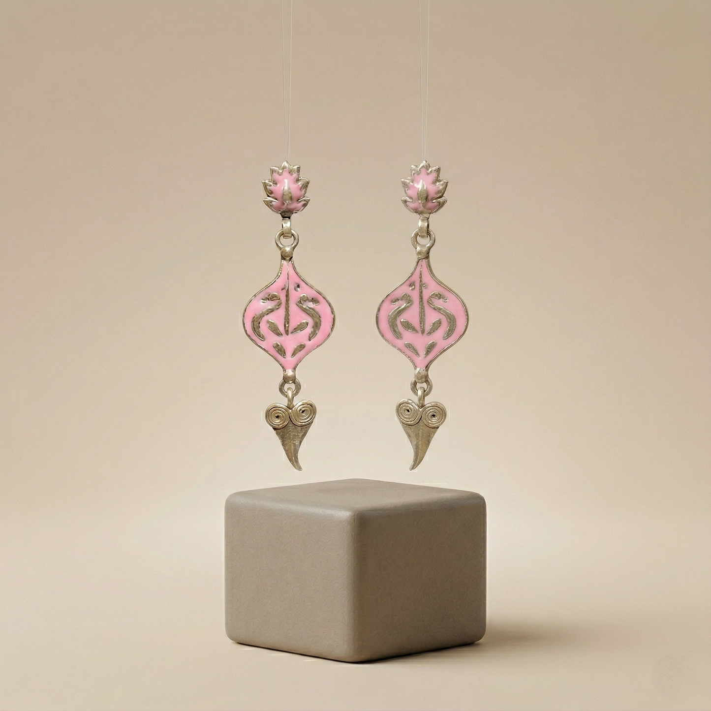 Exquisite Pink Enamel Silver Floral Drop