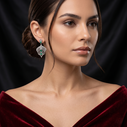 Elegant Emerald Victorian Peacock Drop Earrings