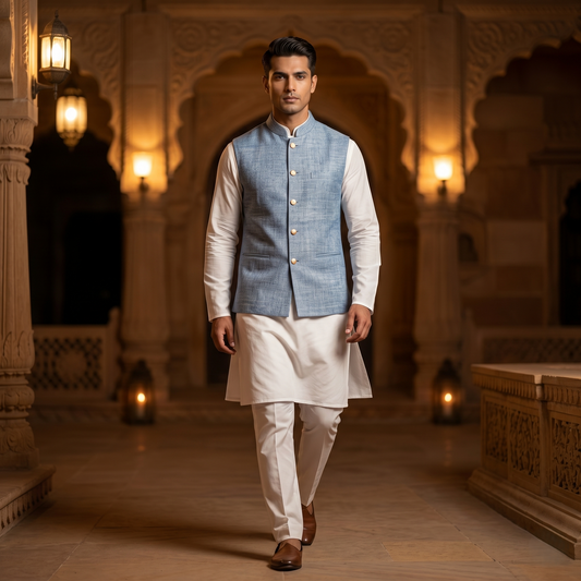 Premium Sky Blue Heritage Linen Waistcoat