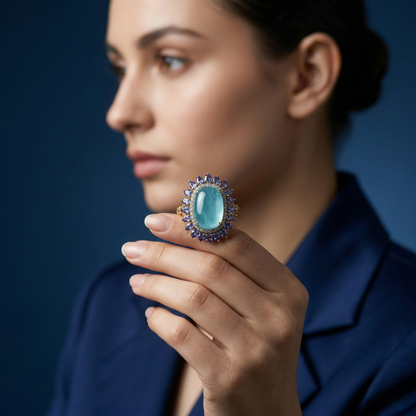 Azure Glow Ornate Silver Floral Ring