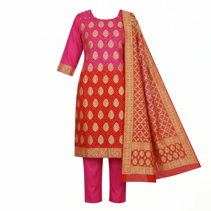 Pink-Red Ombre Banarasi Georgette Suit