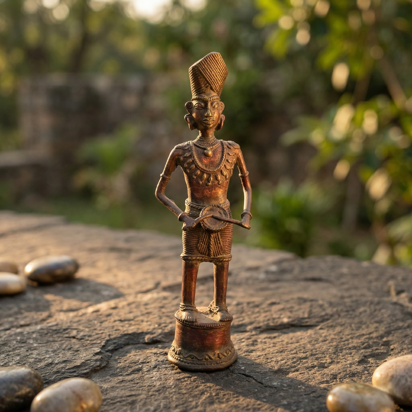 Handcrafted Brass Tribal Musician Heritage Statue