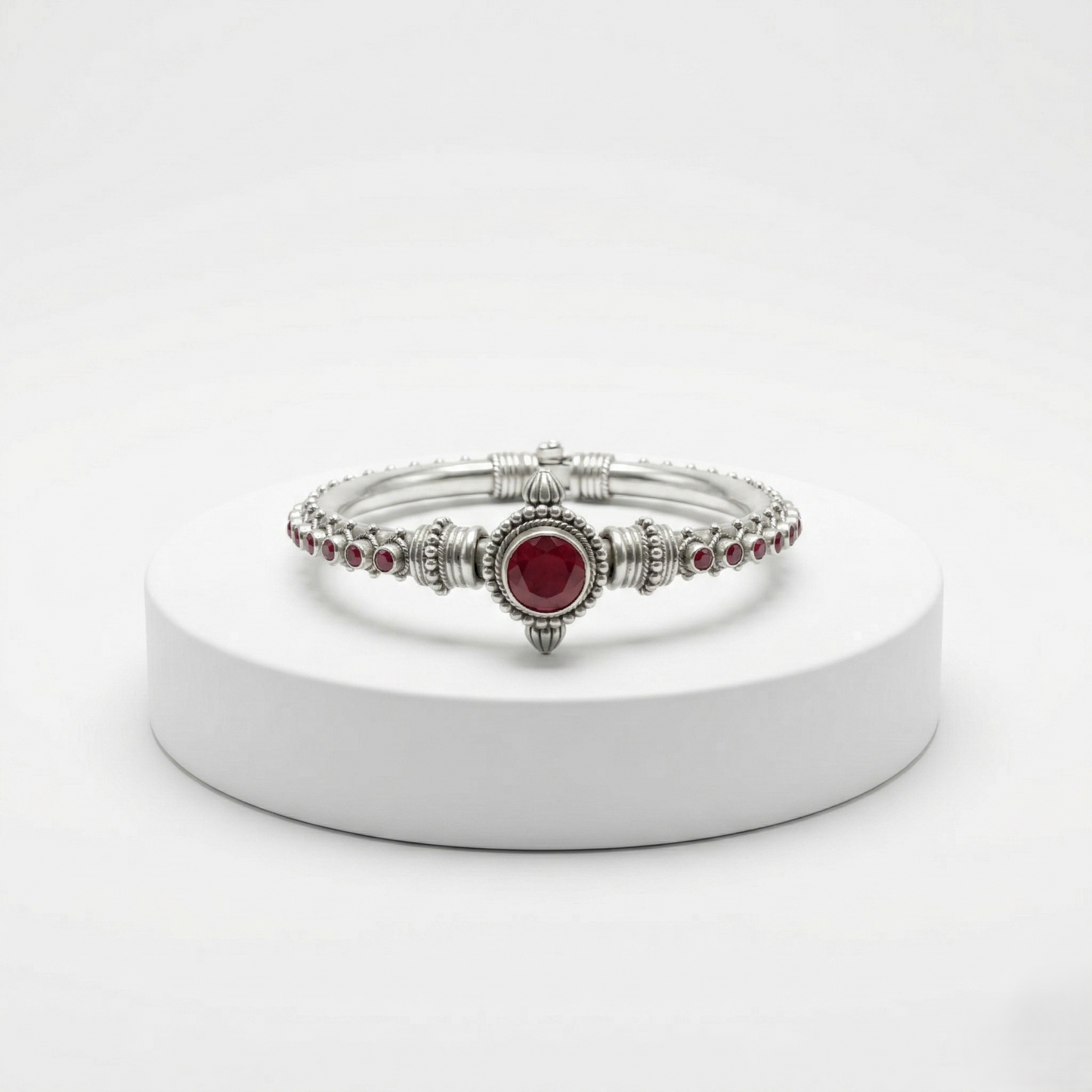 Handcrafted Silver Kada with Ruby Accents