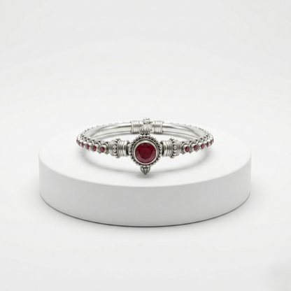 Handcrafted Silver Kada with Ruby Accents