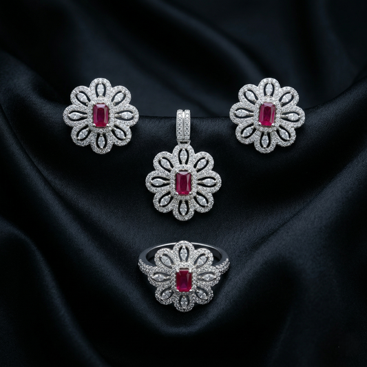 Majestic Ruby Floral Silver Jewelry Set