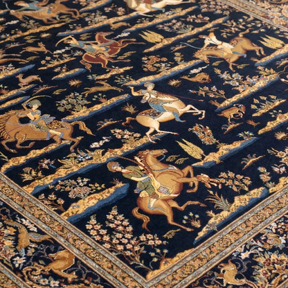 Navy Shikargah Handcrafted Hunting Scene Rug