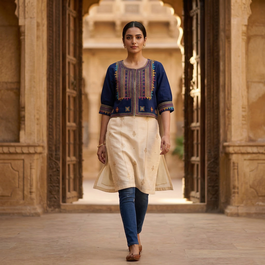 Indigo Heritage Hand-Embroidered Artisanal Crop Jacket
