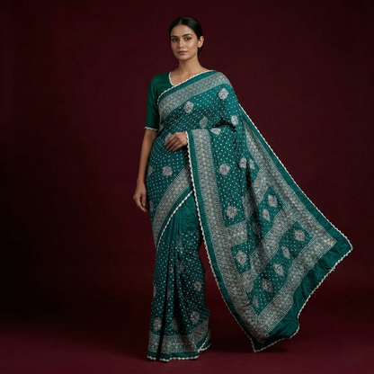 Teal Bandhani Saree with Silver Embroidery