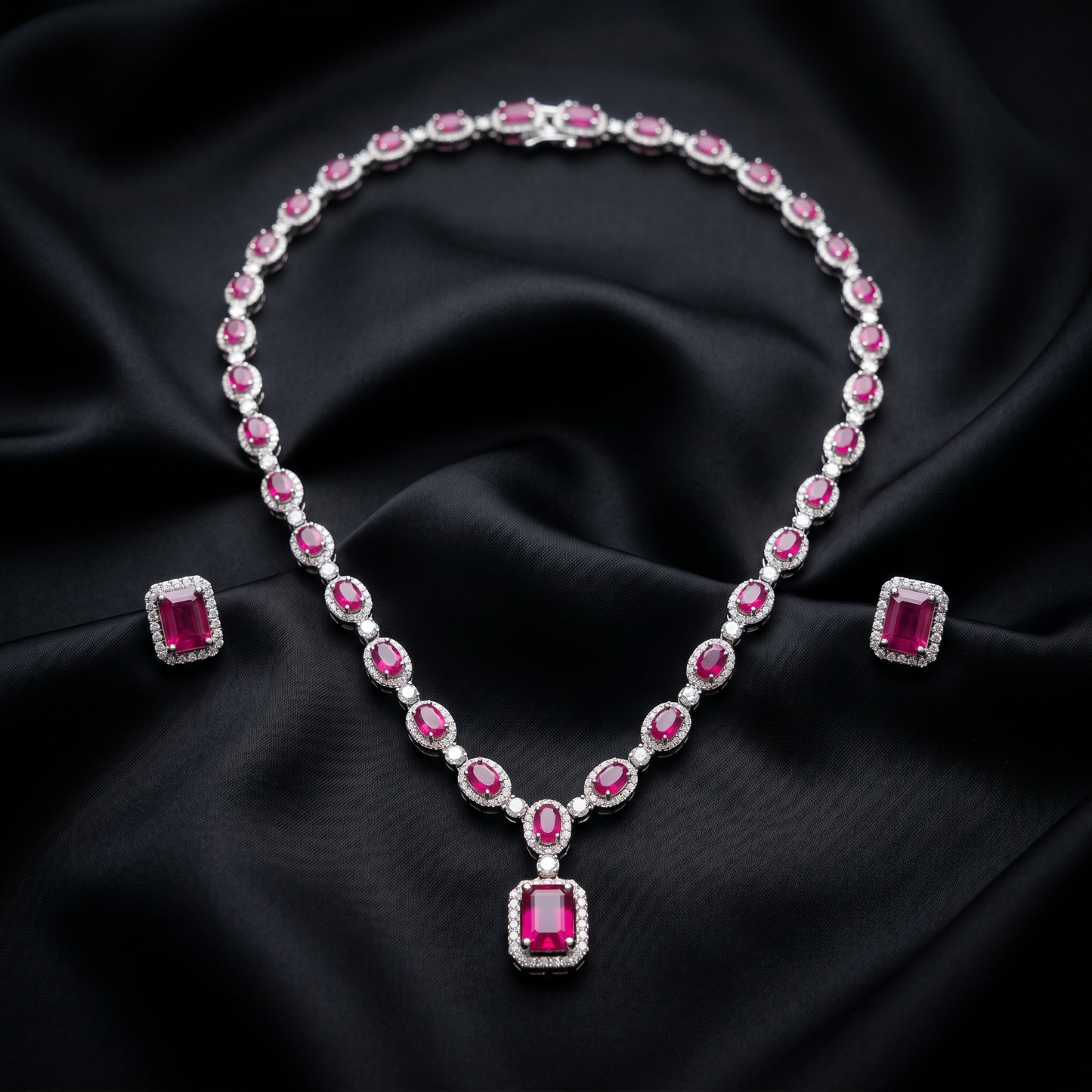 Radiant Crimson Halo Silver Jewelry Set