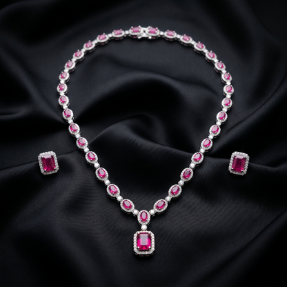Radiant Crimson Halo Silver Jewelry Set