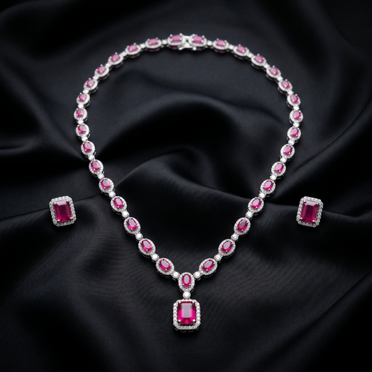 Radiant Crimson Halo Silver Jewelry Set