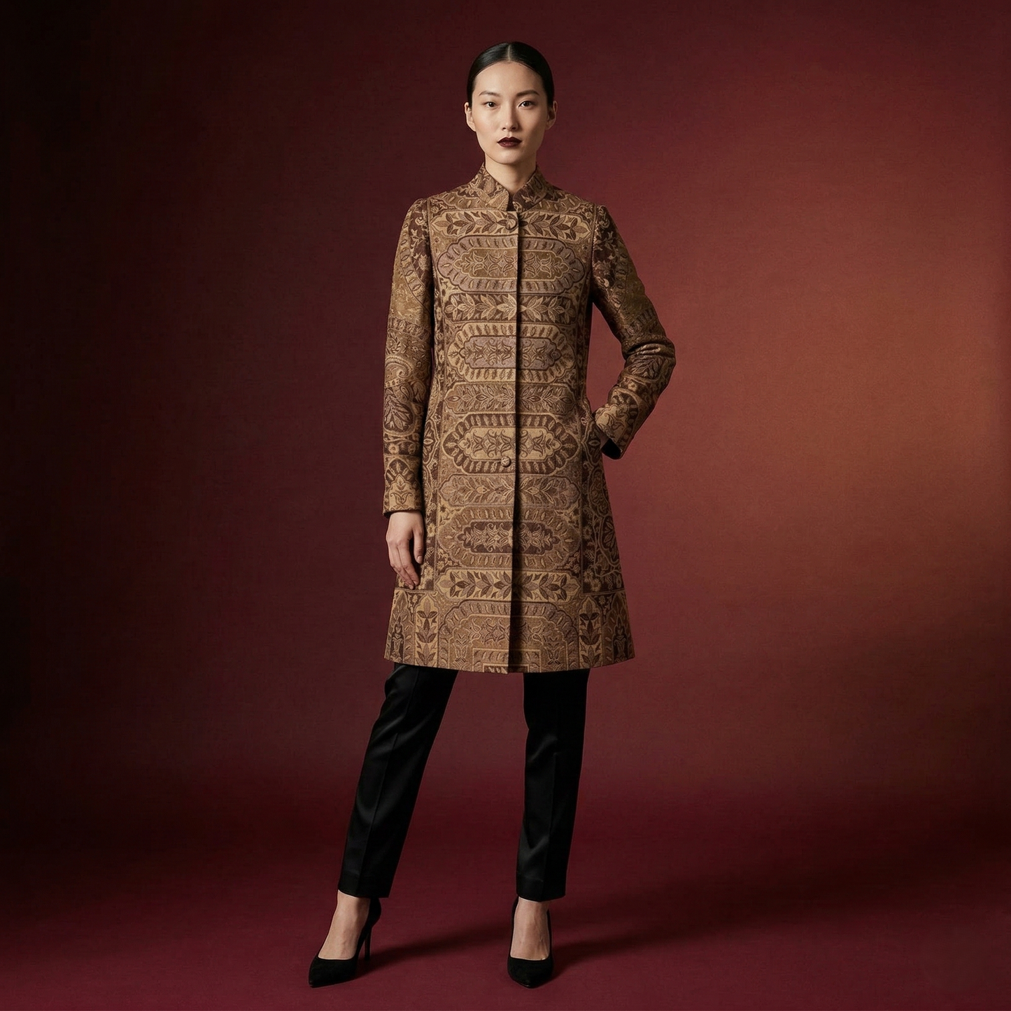 Brocade Mandarin Collar Mid-Length Tunic Coat