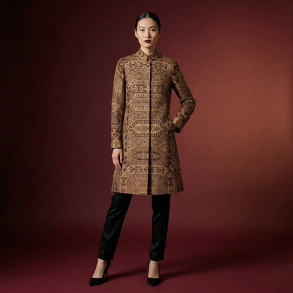 Brocade Mandarin Collar Mid-Length Tunic Coat