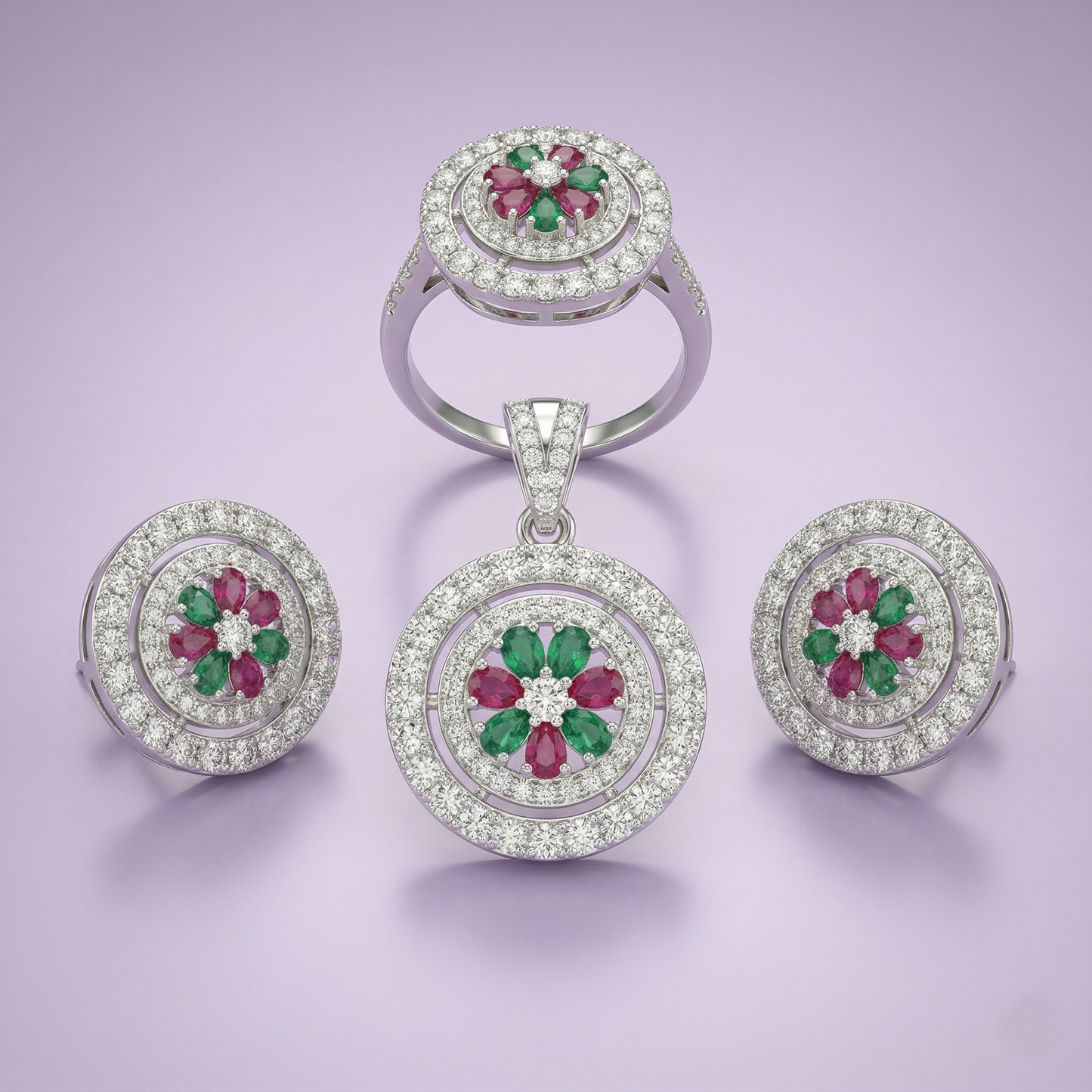 Radiant Emerald and Ruby Floral Ensemble