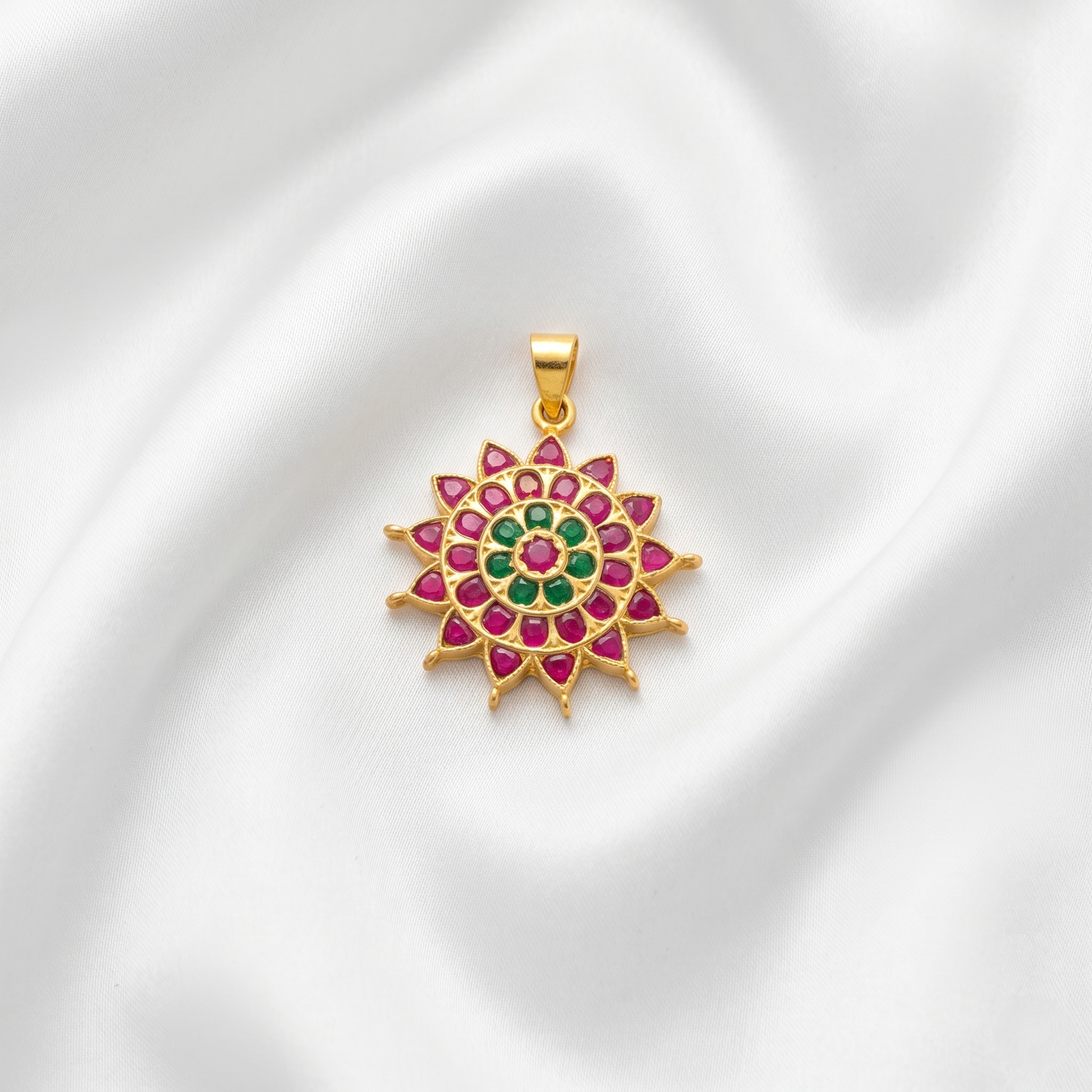 Artisan Ruby Emerald Floral Silver Pendant