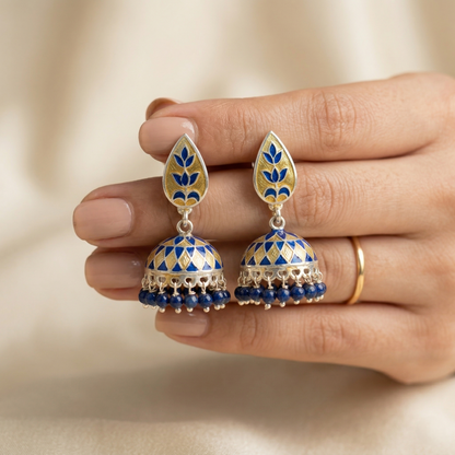 Royal Cobalt Meenakari Silver Jhumka Earrings