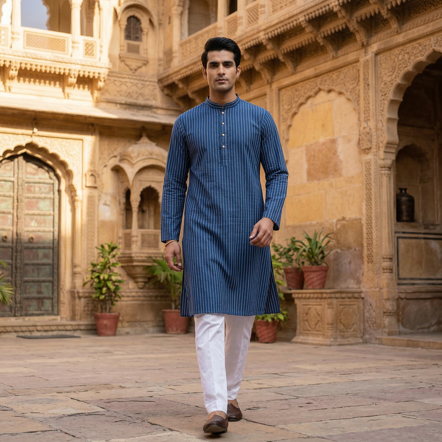 Blue Pinstripe Elegance in Royal Heritage
