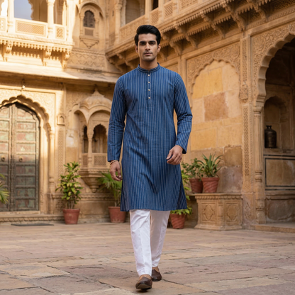 Blue Pinstripe Elegance in Royal Heritage