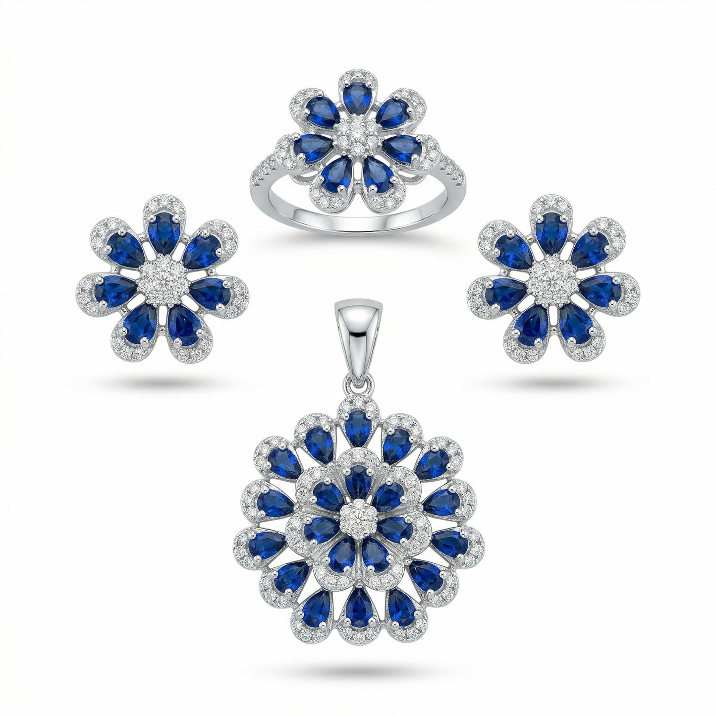 Floral Sapphire Brilliance Silver Pendant Set