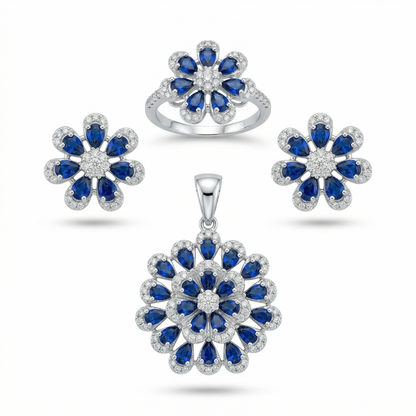 Floral Sapphire Brilliance Silver Pendant Set