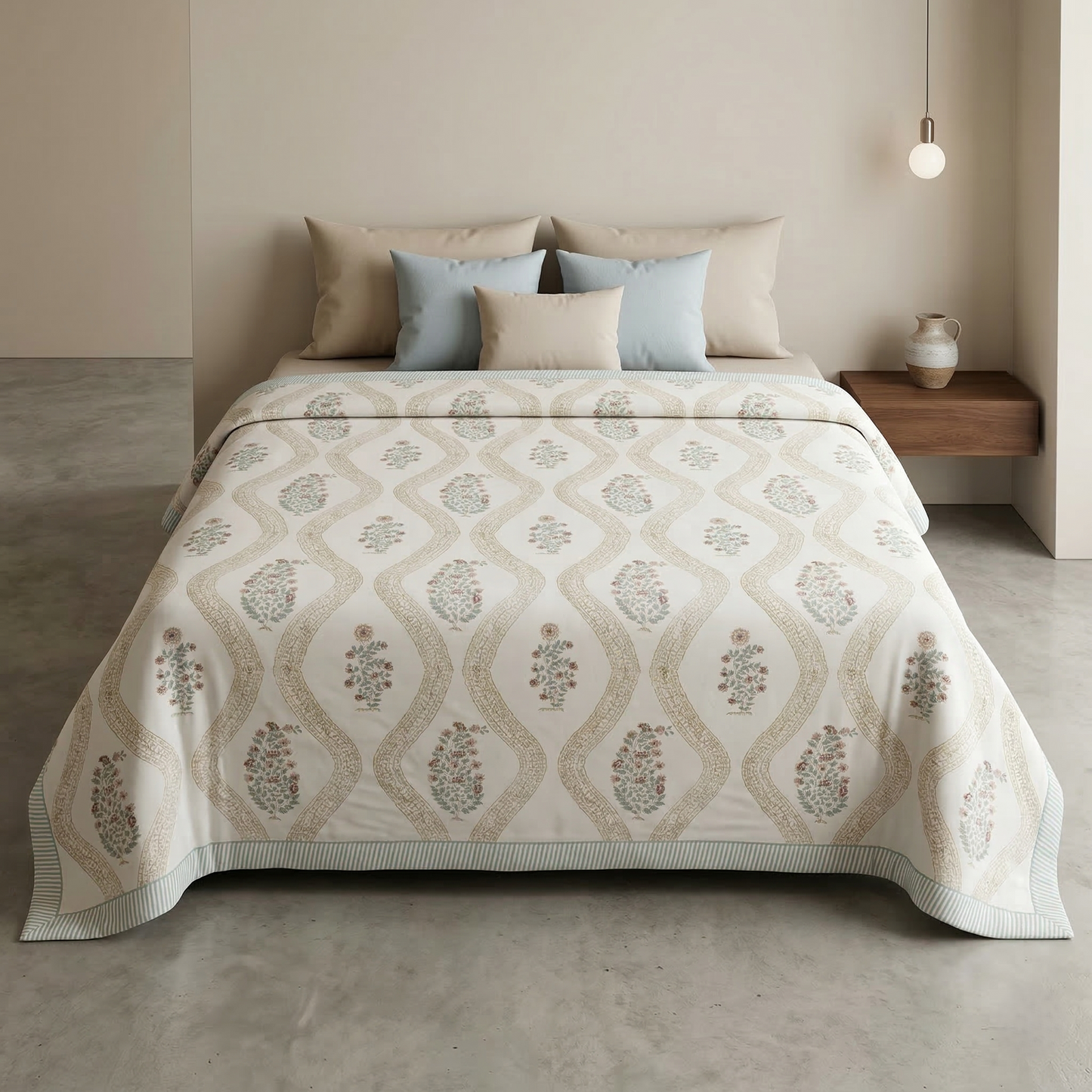 Elegant Floral Lattice Block Print Quilt