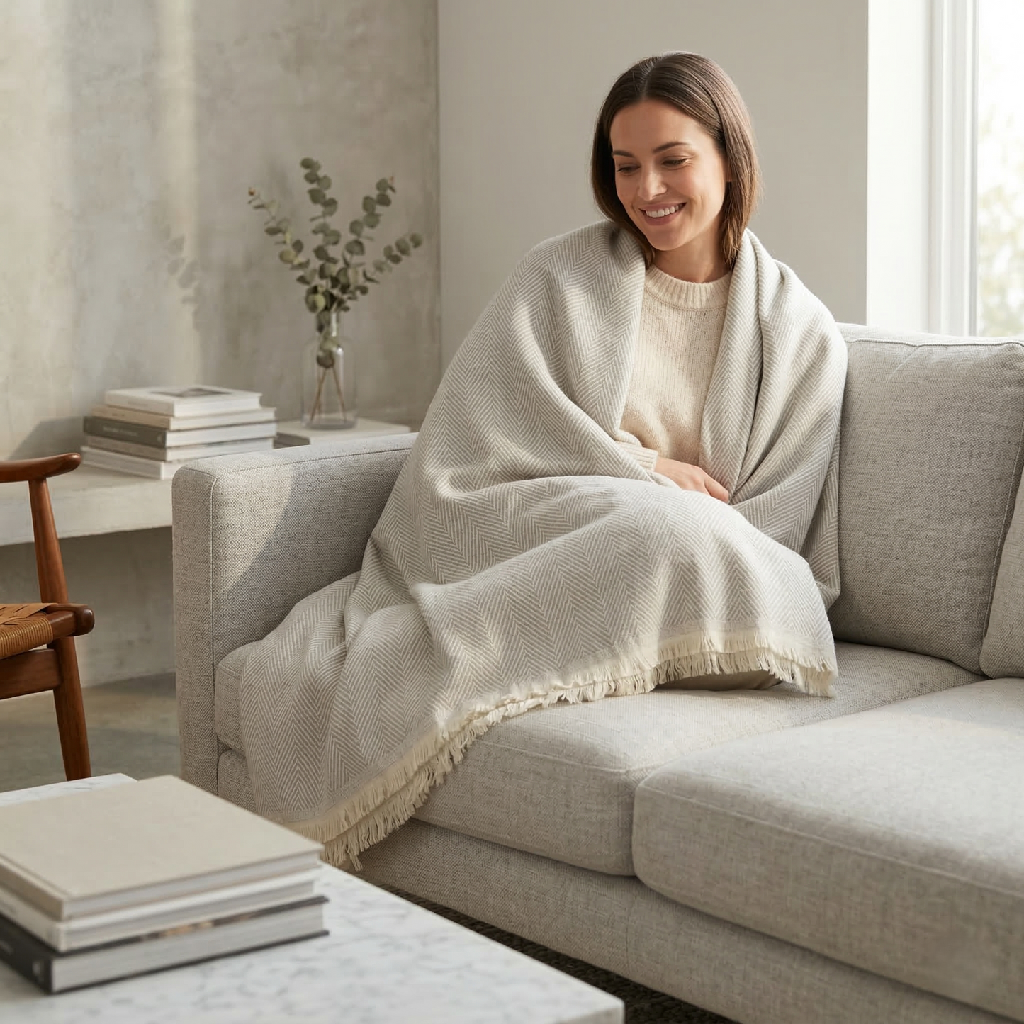 Elegant Sage Herringbone Hand Woven Blanket