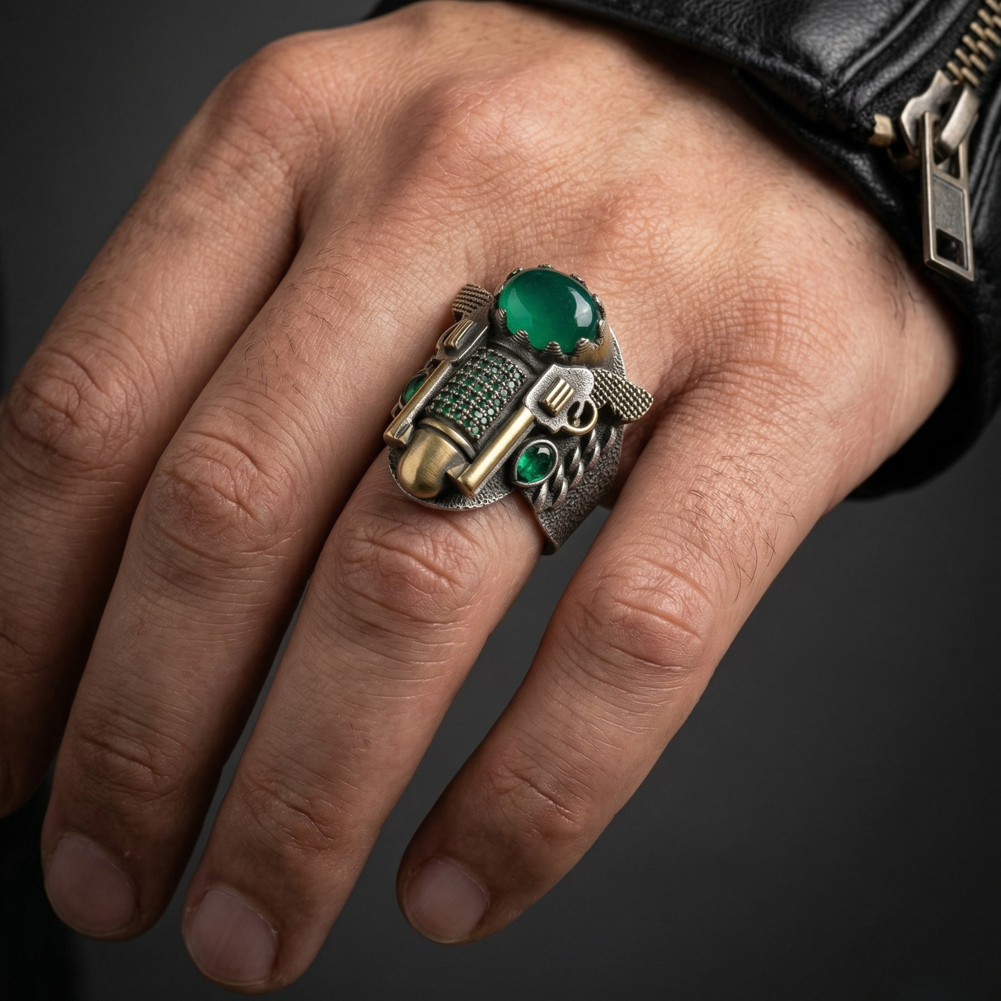 Emerald Revolver Ornate Silver Men's Ring