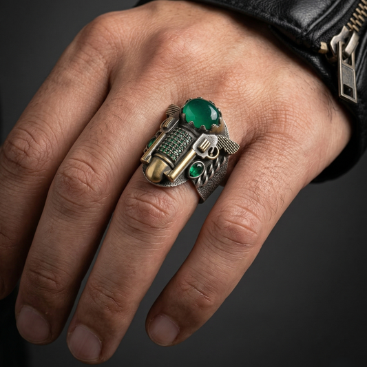 Emerald Revolver Ornate Silver Men's Ring