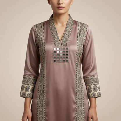 Elegant Earth Tone Mirror Work Silk Kurti
