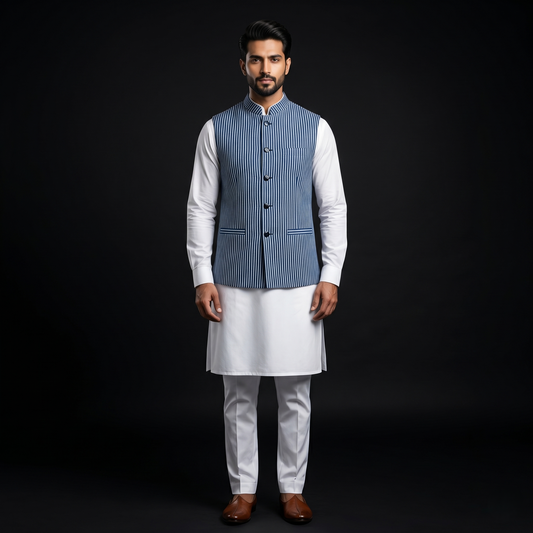 Indigo Pinstripe Silk Heritage Nehru Jacket