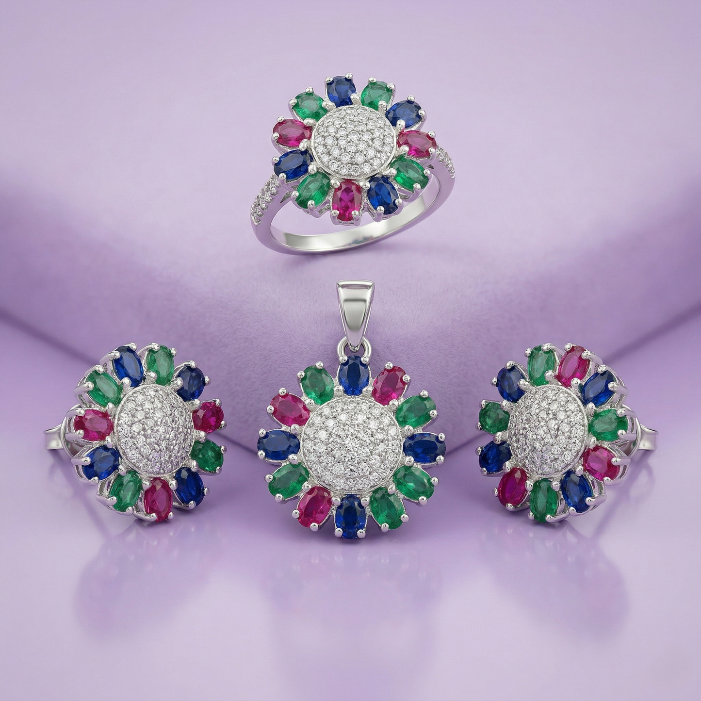 Radiant Floral Multi-Gem Silver Pendant Set