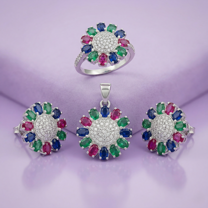 Radiant Floral Multi-Gem Silver Pendant Set