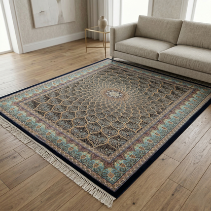 Traditional Intricate Teal Medallion Silk Rug