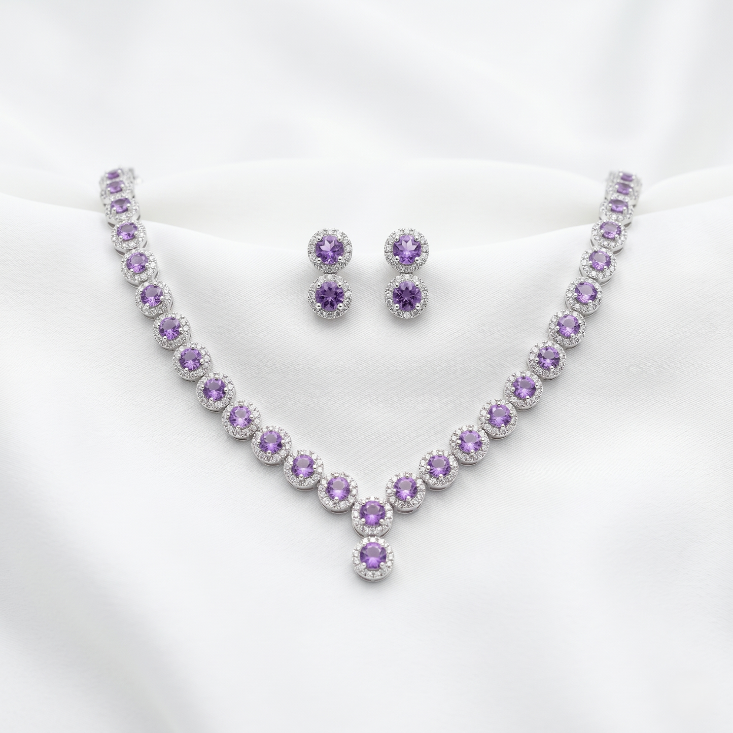 Elegant Amethyst Silver Halo Jewelry Set