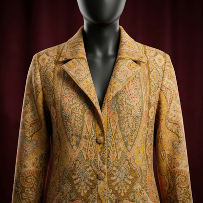 Ornate Paisley Elegance in Golden Ochre Long Coat