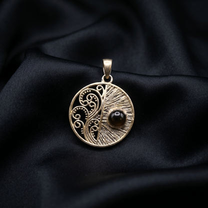 Vintage Filigree Onyx Silver Circular Pendant