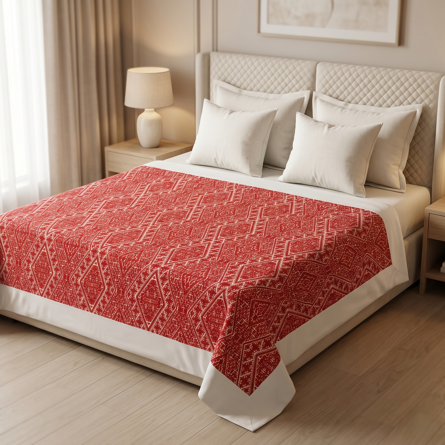 Handcrafted Geometric Maroon Cotton Luxury Bedcover