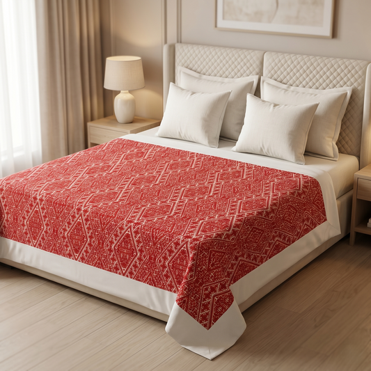 Handcrafted Geometric Maroon Cotton Luxury Bedcover