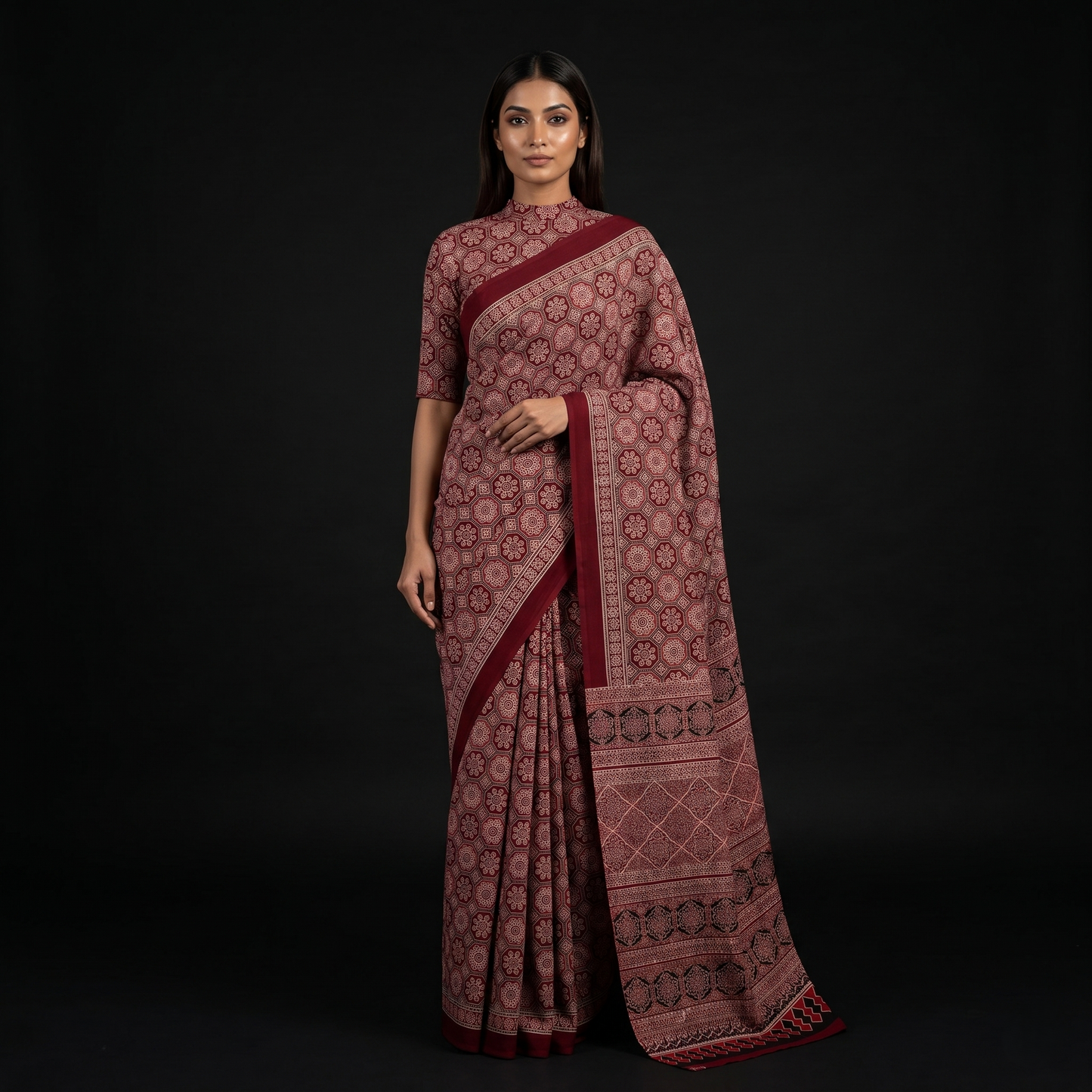 Maroon Ajrakh Print Traditional Cotton Saree