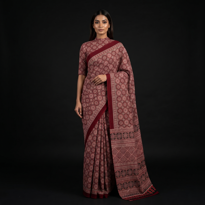 Maroon Ajrakh Print Traditional Cotton Saree