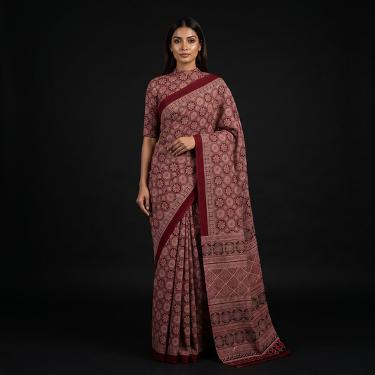Maroon Ajrakh Print Traditional Cotton Saree