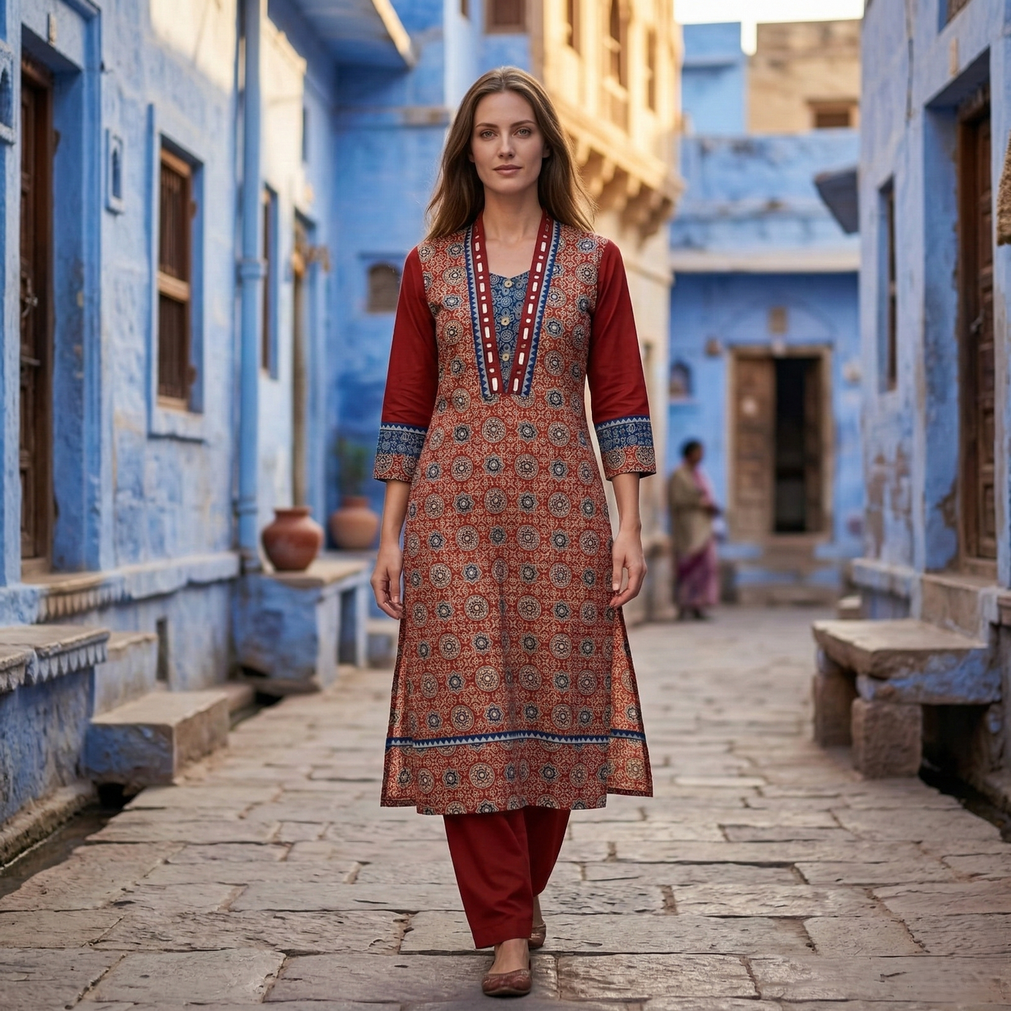 Earthy Maroon Ajrakh Print Ethnic Kurti