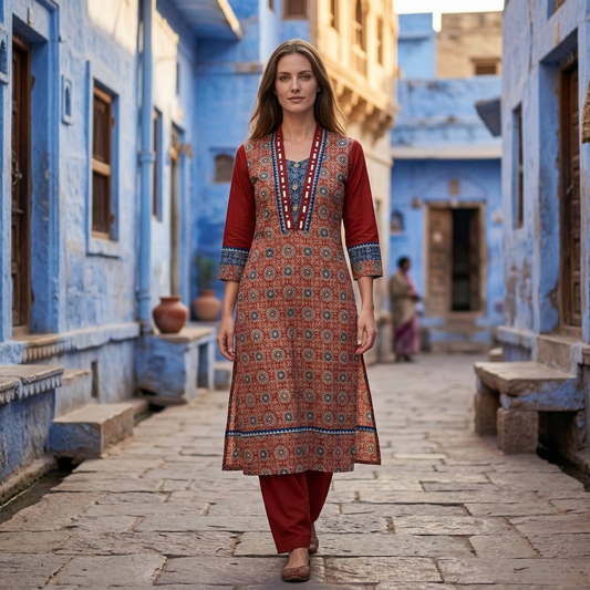 Earthy Maroon Ajrakh Print Ethnic Kurti