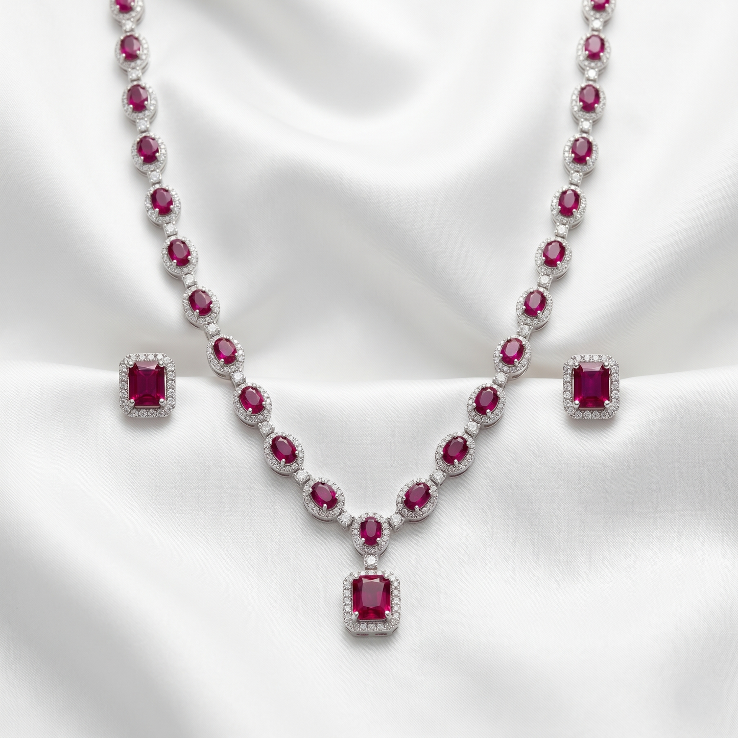 Radiant Crimson Halo Silver Jewelry Set