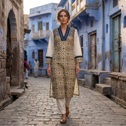 Indigo Mandala Printed Longline Cotton Kurti